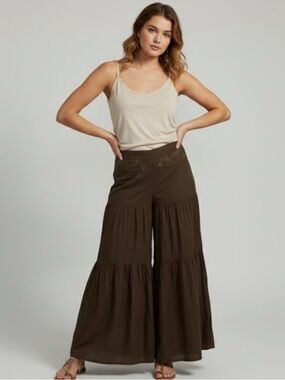Bisou Bisou Y2K Ruffle Bohemian Wide Leg Bell Bottom Flare Pull On Pants Size 16